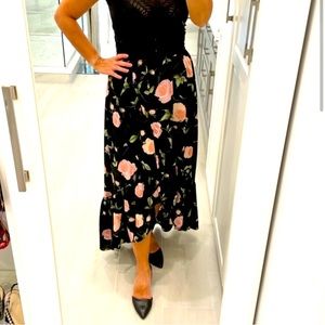 NEW Francesca’s Miami pink rose Floral Ruffle hi-low Hem Maxi Skirt sz M